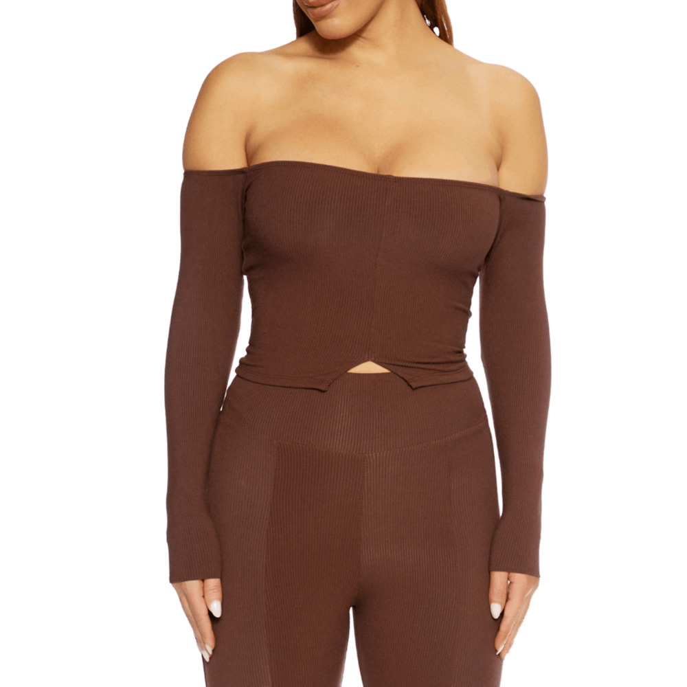 New Naked Wardrobe Womans Small Top‎ Off-the-Shoulder Cropped Stretch Brown New